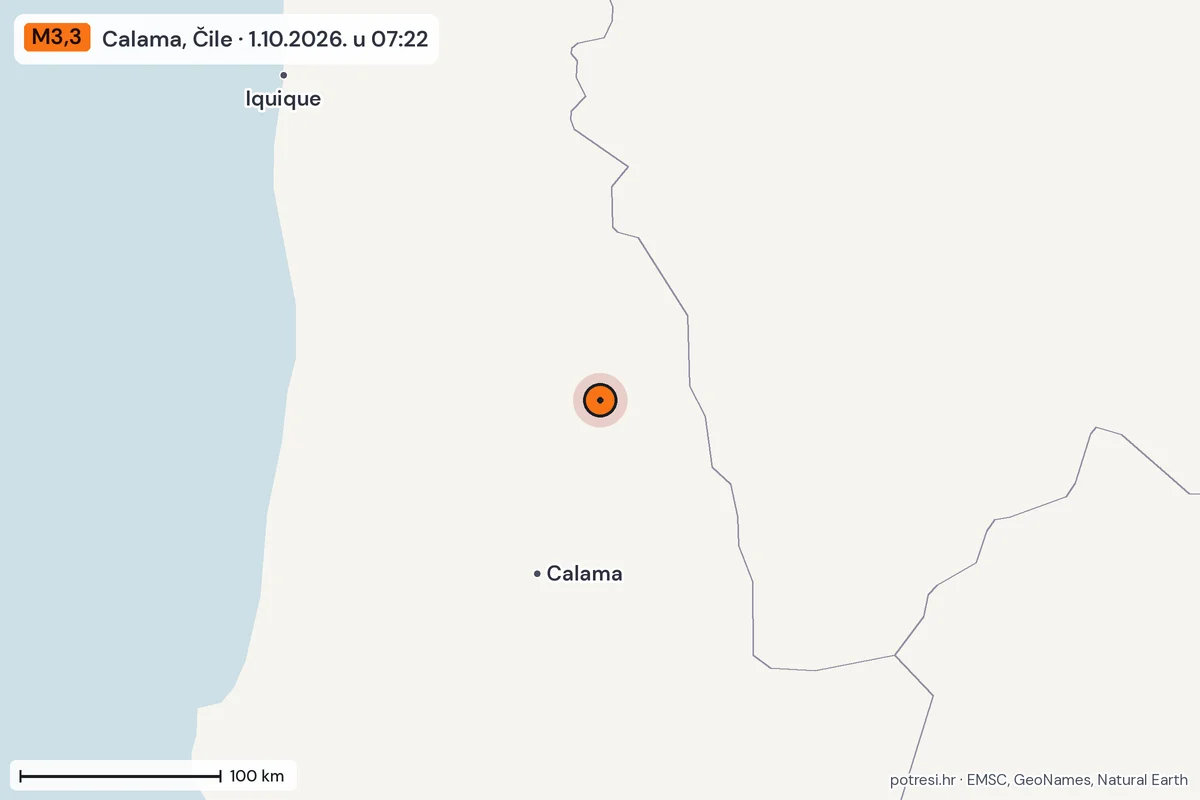Karta: šire područje, 600 km, potres M3,3, Calama, Čile, 1.10.2026.