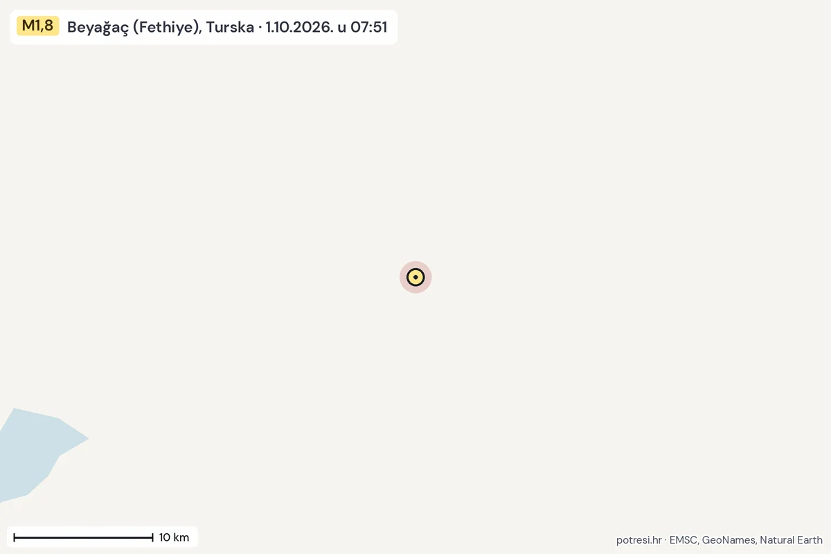Karta: okolica epicentra, 60 km, potres M1,8, Beyağaç (Fethiye), Turska, 1.10.2026.