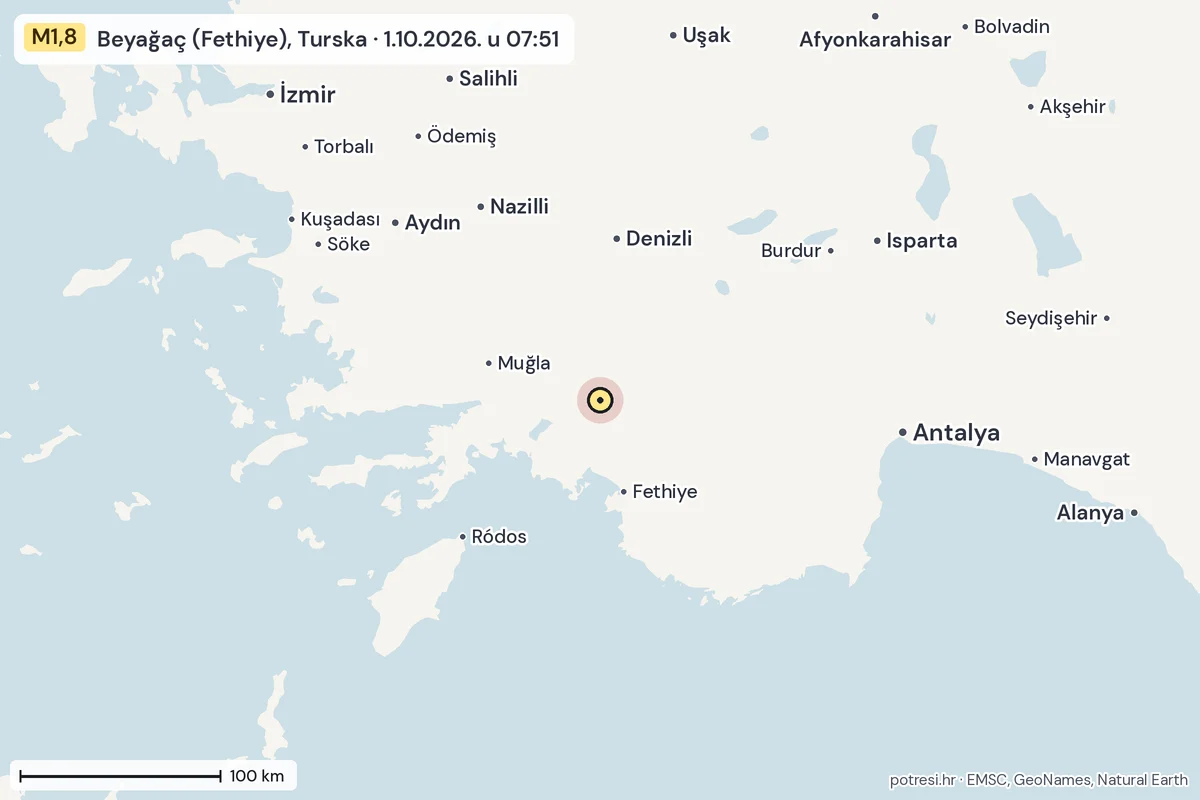 Karta: šire područje, 600 km, potres M1,8, Beyağaç (Fethiye), Turska, 1.10.2026.