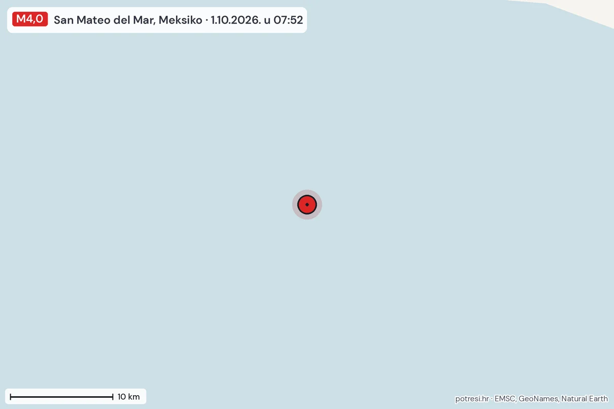 Karta: okolica epicentra, 60 km, potres M4,0, San Mateo del Mar, Meksiko, 1.10.2026.