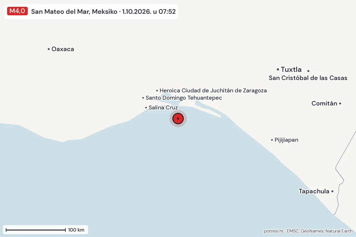 Karta: šire područje, 600 km, potres M4,0, San Mateo del Mar, Meksiko, 1.10.2026.