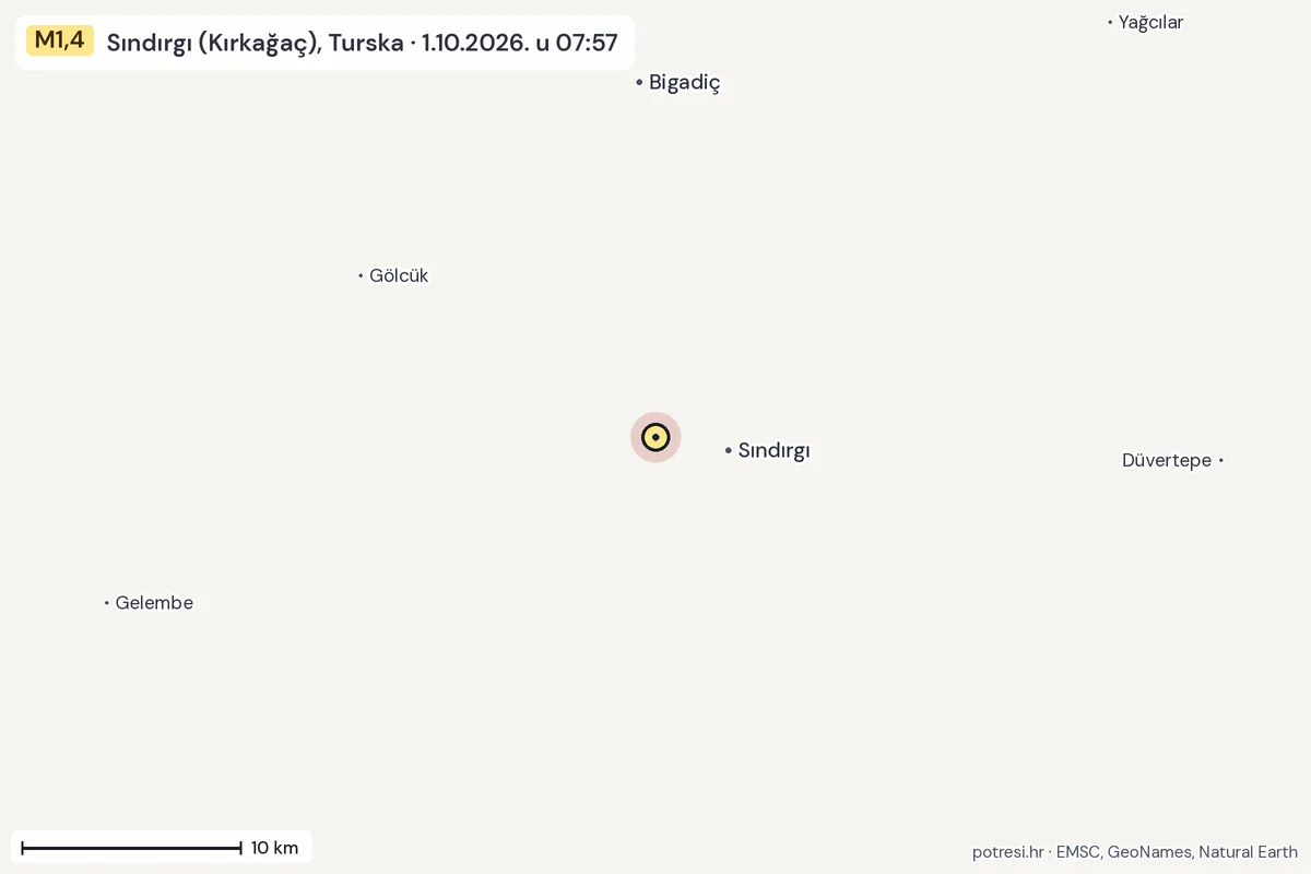 Karta: okolica epicentra, 60 km, potres M1,4, Sındırgı (Kırkağaç), Turska, 1.10.2026.