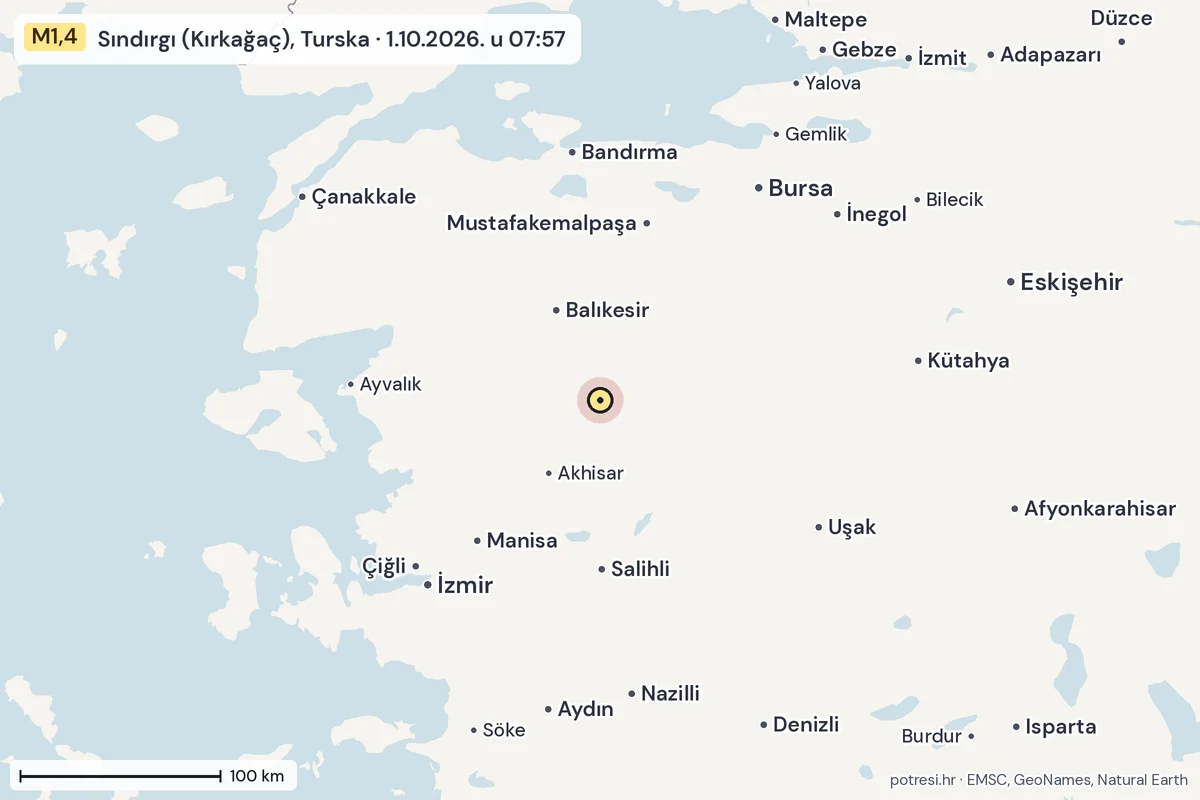 Karta: šire područje, 600 km, potres M1,4, Sındırgı (Kırkağaç), Turska, 1.10.2026.