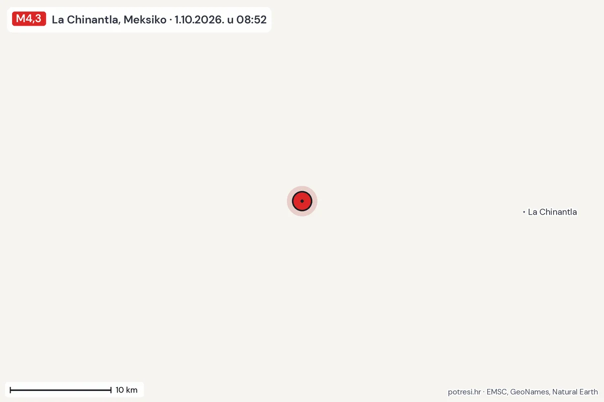 Karta: okolica epicentra, 60 km, potres M4,3, La Chinantla, Meksiko, 1.10.2026.
