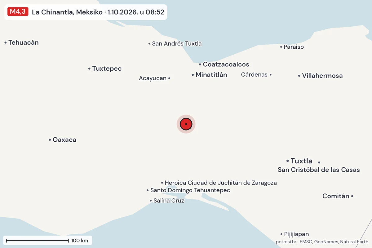 Karta: šire područje, 600 km, potres M4,3, La Chinantla, Meksiko, 1.10.2026.