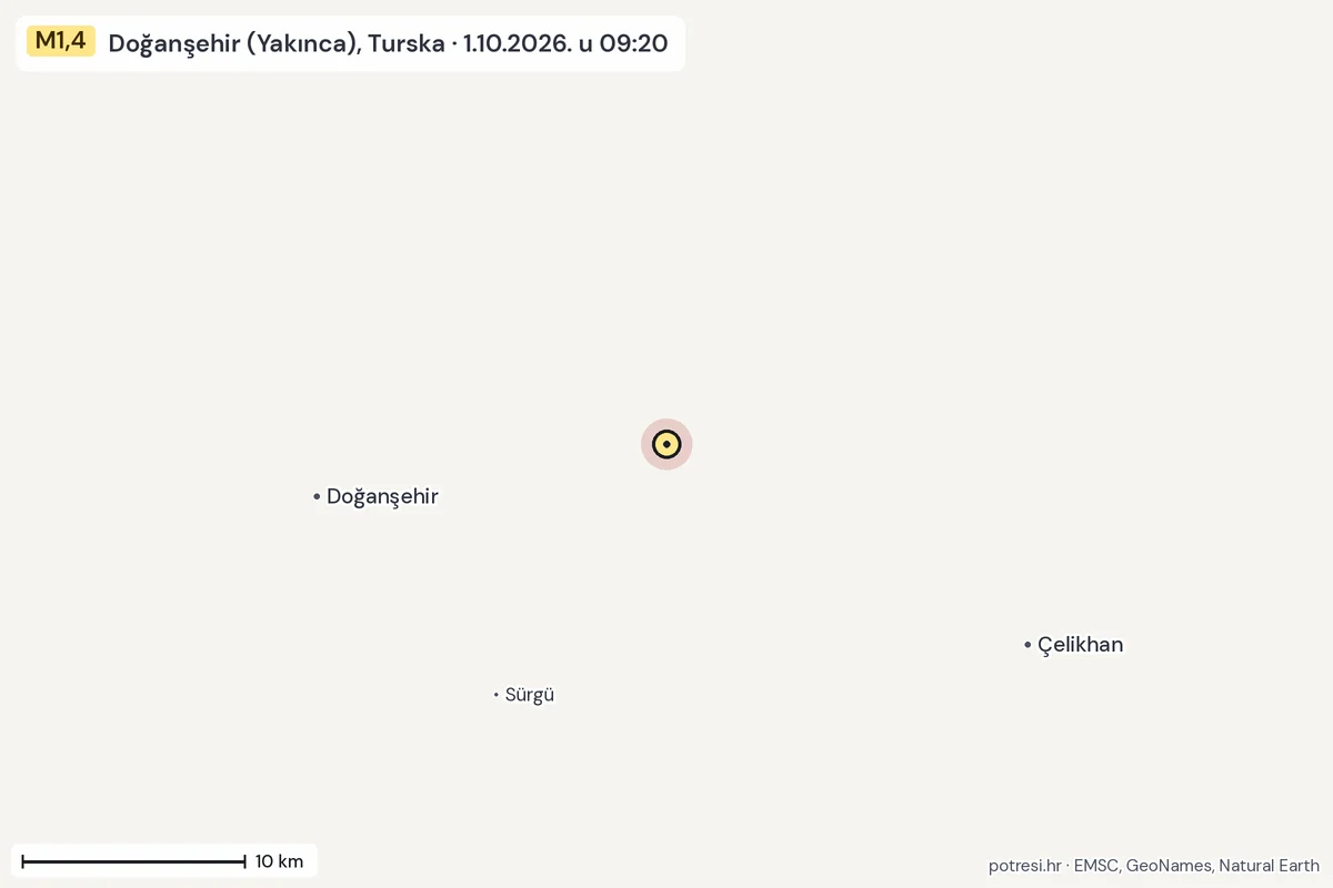Karta: okolica epicentra, 60 km, potres M1,4, Doğanşehir (Yakınca), Turska, 1.10.2026.