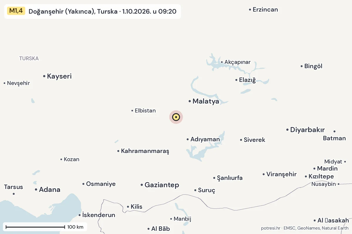 Karta: šire područje, 600 km, potres M1,4, Doğanşehir (Yakınca), Turska, 1.10.2026.
