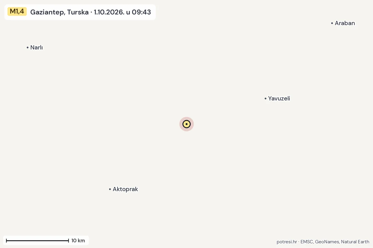 Karta: okolica epicentra, 60 km, potres M1,4, Gaziantep, Turska, 1.10.2026.