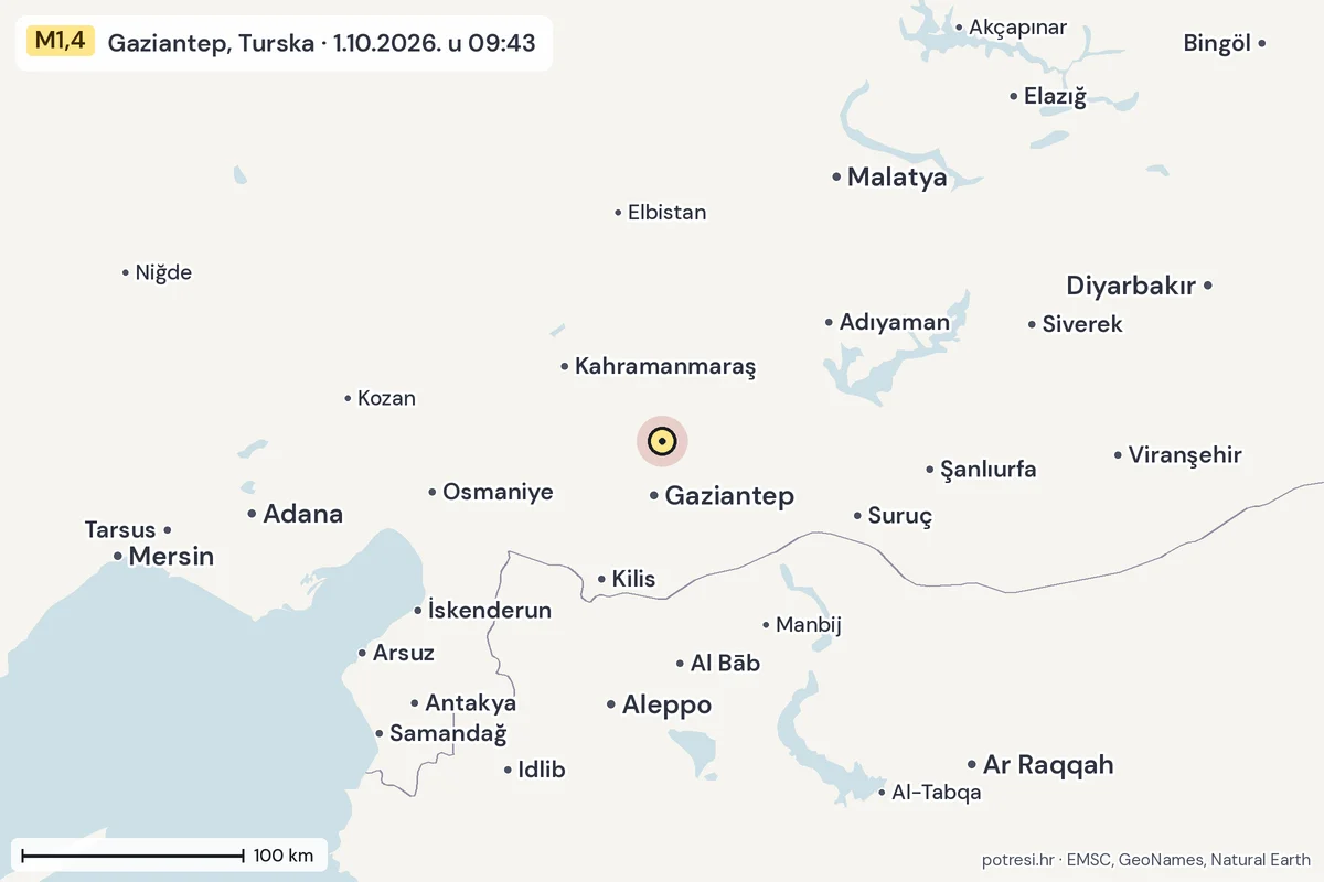 Karta: šire područje, 600 km, potres M1,4, Gaziantep, Turska, 1.10.2026.