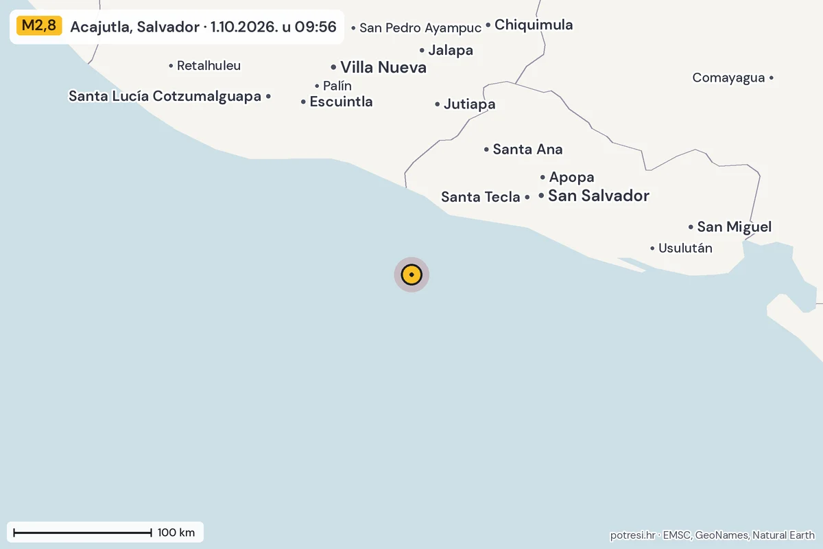 Karta: šire područje, 600 km, potres M2,8, Acajutla, Salvador, 1.10.2026.