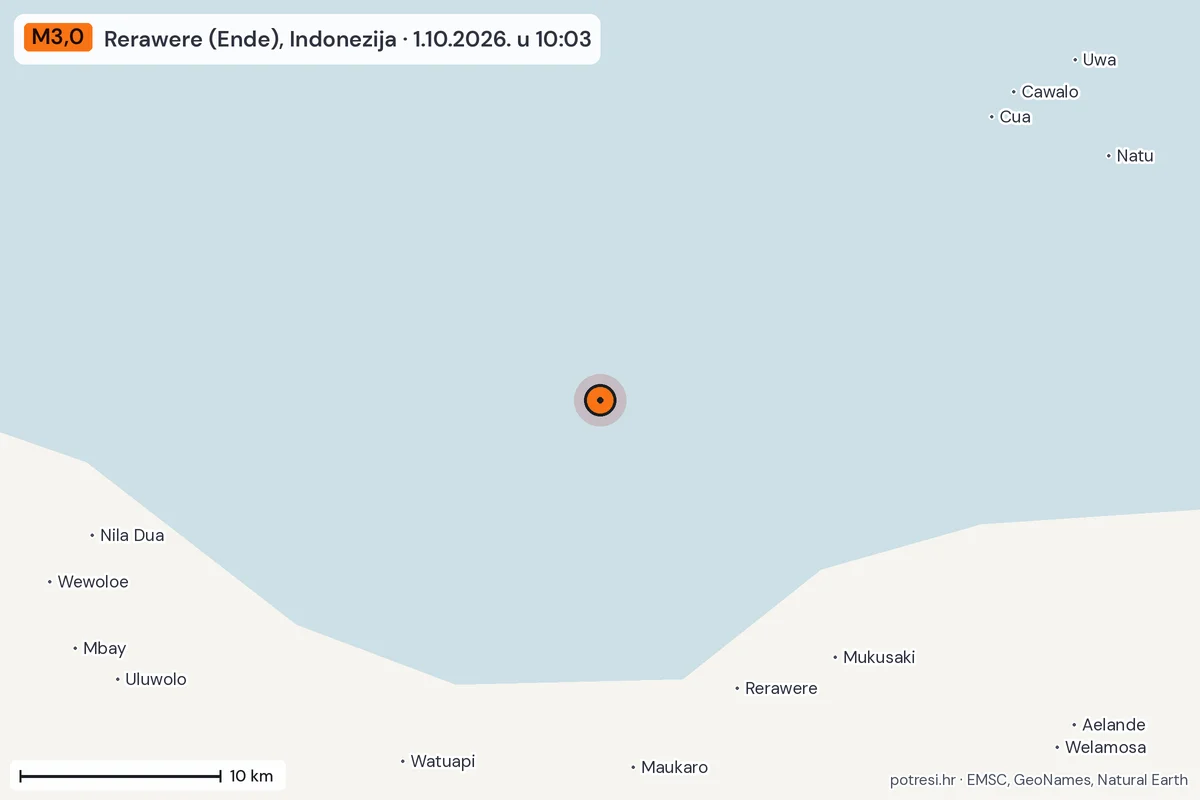 Karta: okolica epicentra, 60 km, potres M3,0, Rerawere (Ende), Indonezija, 1.10.2026.