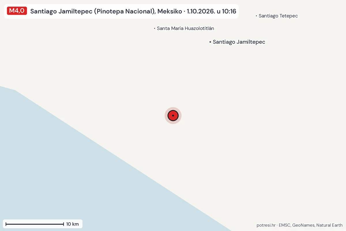 Karta: okolica epicentra, 60 km, potres M4,0, Santiago Jamiltepec (Pinotepa Nacional), Meksiko, 1.10.2026.