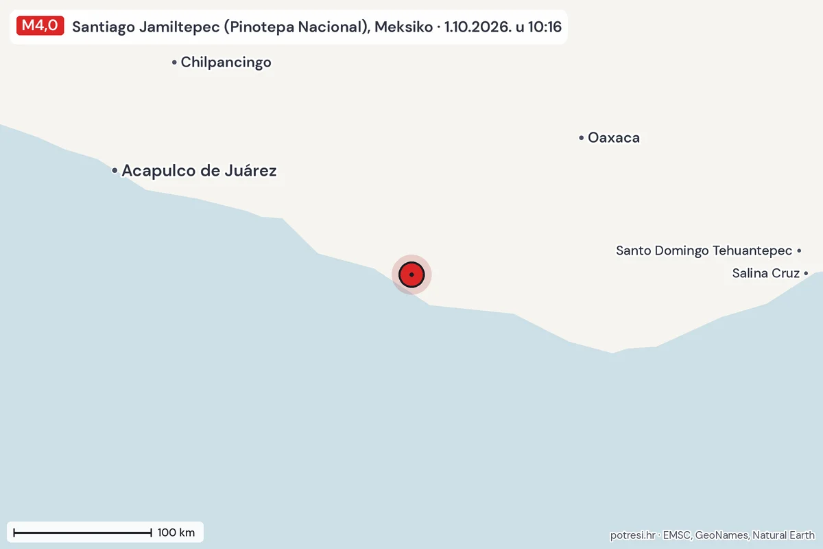 Karta: šire područje, 600 km, potres M4,0, Santiago Jamiltepec (Pinotepa Nacional), Meksiko, 1.10.2026.