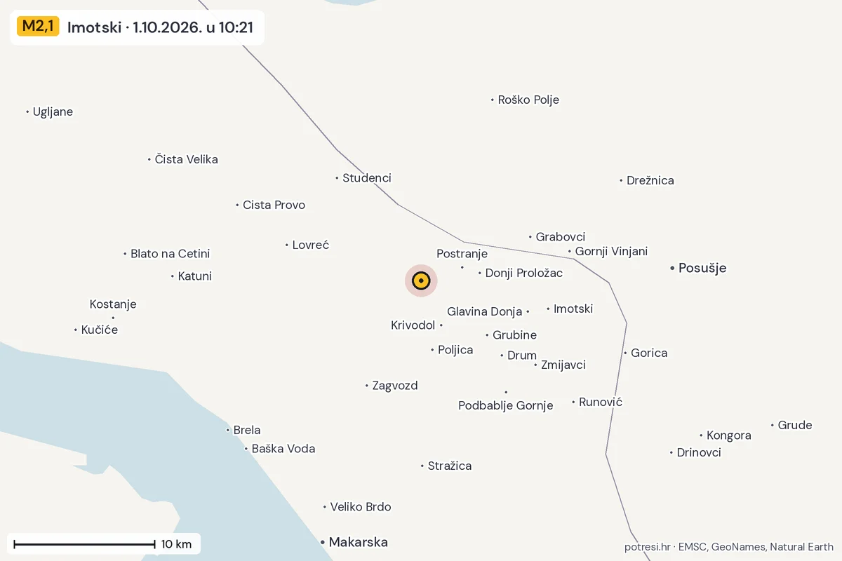 Karta: okolica epicentra, 60 km, potres M2,1, Imotski, 1.10.2026.