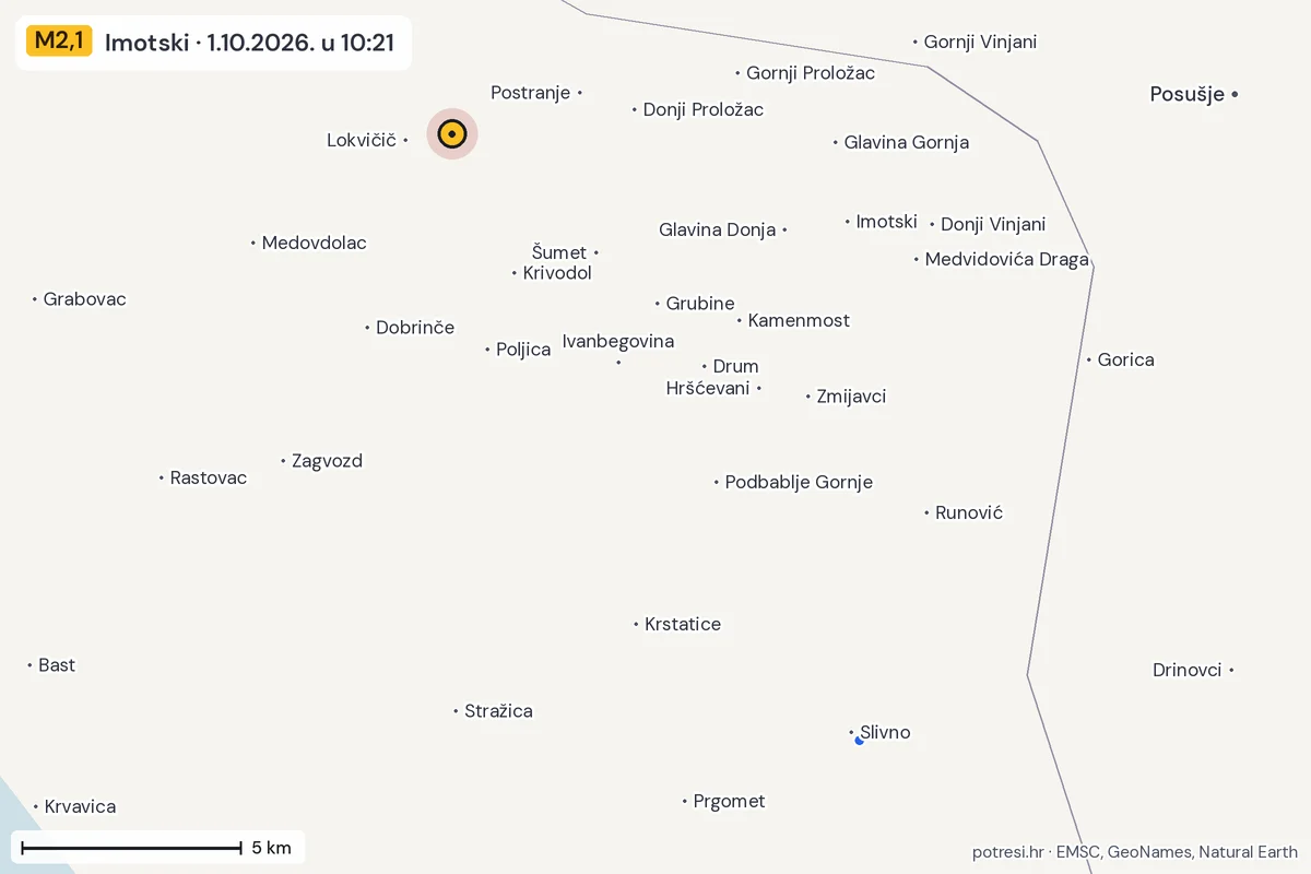 Karta: izvješća građana, potres M2,1, Imotski, 1.10.2026.