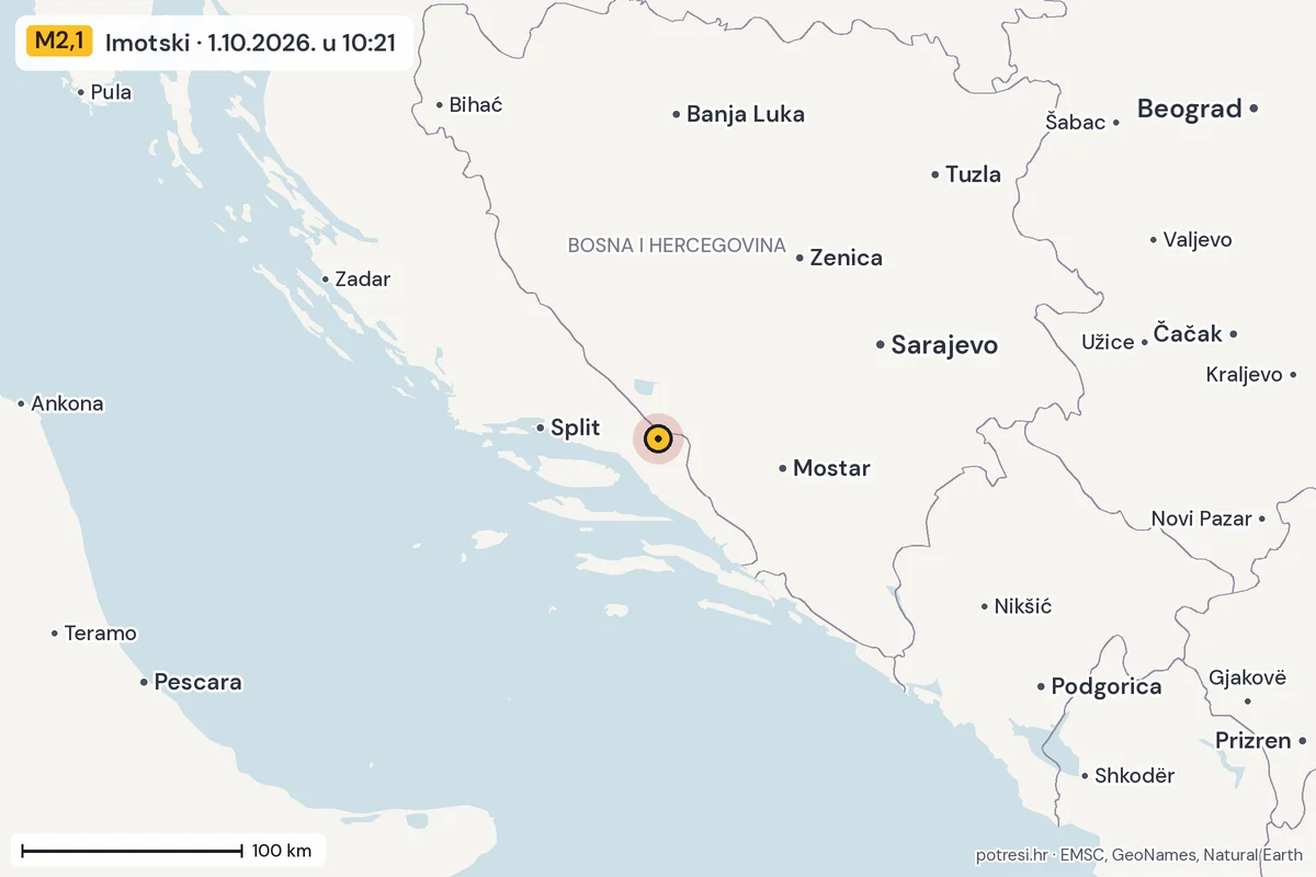 Karta: šire područje, 600 km, potres M2,1, Imotski, 1.10.2026.