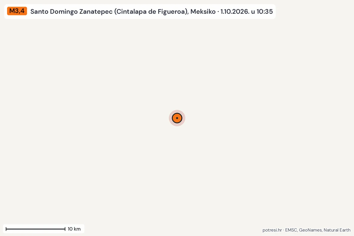 Karta: okolica epicentra, 60 km, potres M3,4, Santo Domingo Zanatepec (Cintalapa de Figueroa), Meksiko, 1.10.2026.
