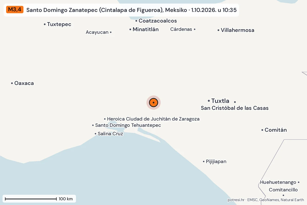 Karta: šire područje, 600 km, potres M3,4, Santo Domingo Zanatepec (Cintalapa de Figueroa), Meksiko, 1.10.2026.
