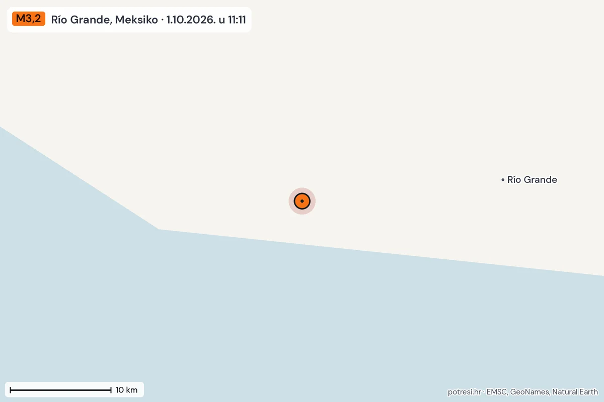 Karta: okolica epicentra, 60 km, potres M3,2, Río Grande, Meksiko, 1.10.2026.