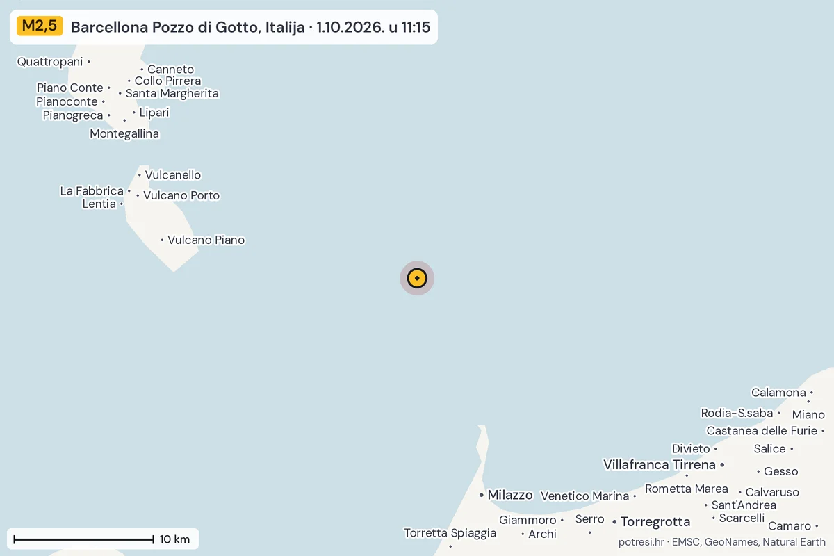 Karta: okolica epicentra, 60 km, potres M2,5, Barcellona Pozzo di Gotto, Italija, 1.10.2026.
