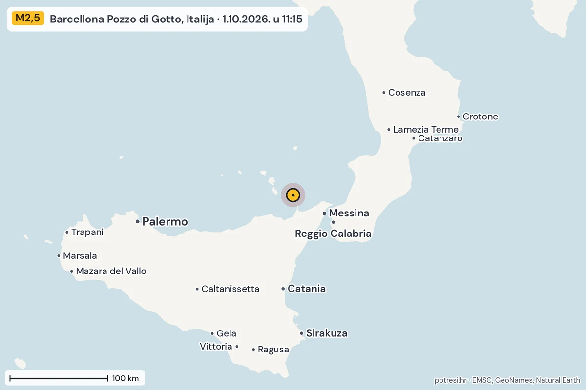 Karta: šire područje, 600 km, potres M2,5, Barcellona Pozzo di Gotto, Italija, 1.10.2026.