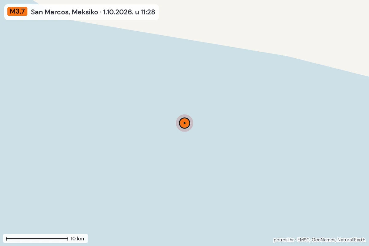 Karta: okolica epicentra, 60 km, potres M3,7, San Marcos, Meksiko, 1.10.2026.