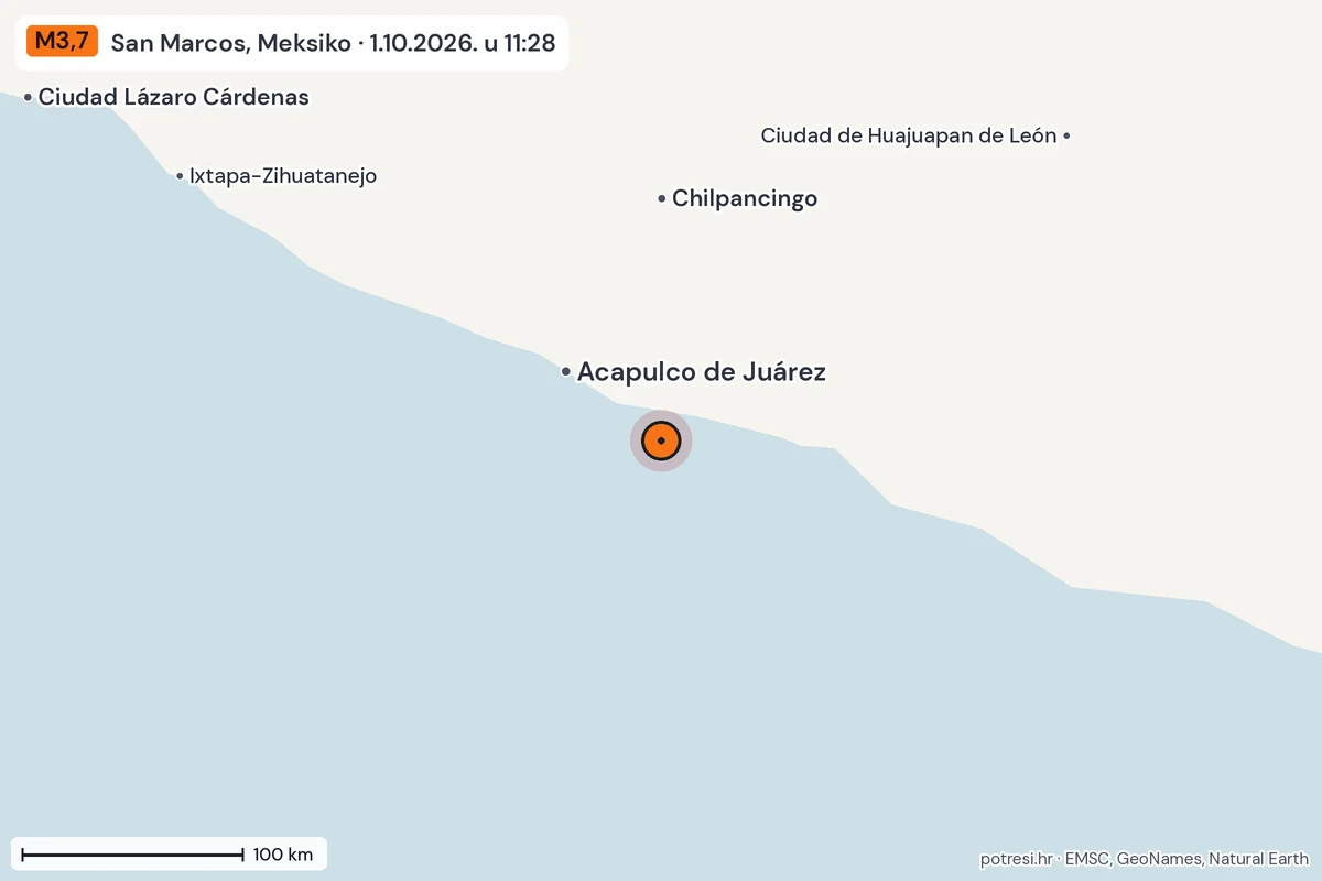 Karta: šire područje, 600 km, potres M3,7, San Marcos, Meksiko, 1.10.2026.