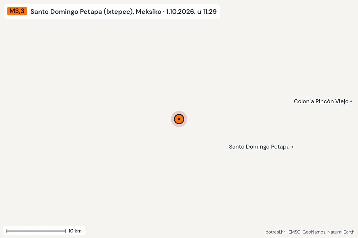 Karta: okolica epicentra, 60 km, potres M3,3, Santo Domingo Petapa (Ixtepec), Meksiko, 1.10.2026.