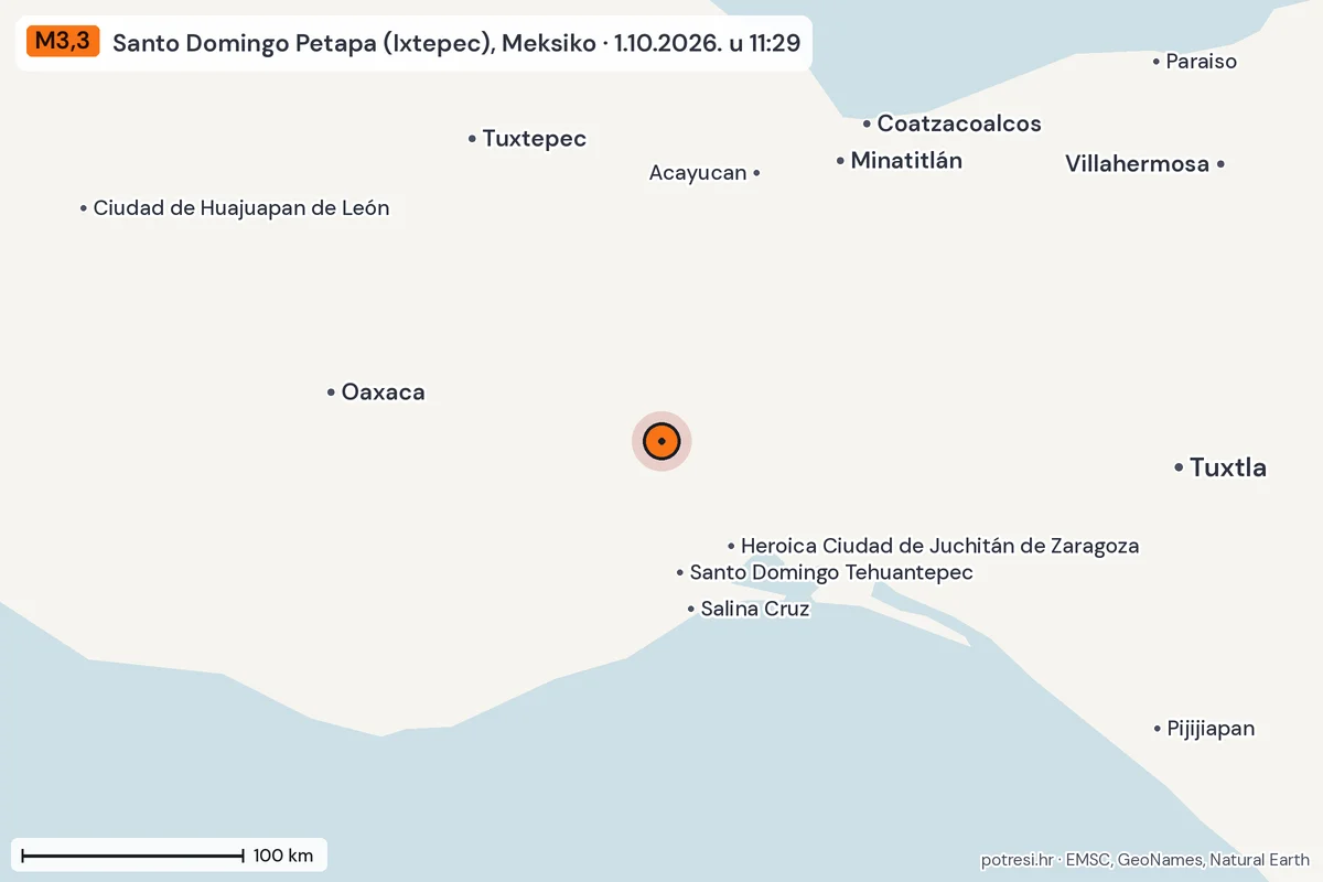 Karta: šire područje, 600 km, potres M3,3, Santo Domingo Petapa (Ixtepec), Meksiko, 1.10.2026.