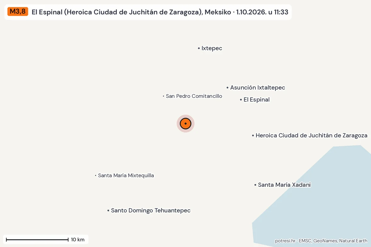 Karta: okolica epicentra, 60 km, potres M3,8, El Espinal (Heroica Ciudad de Juchitán de Zaragoza), Meksiko, 1.10.2026.