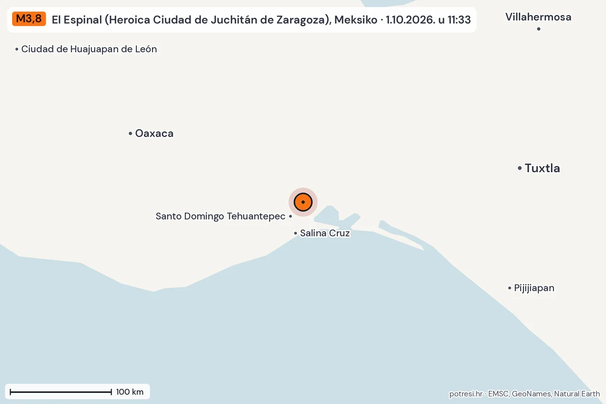Karta: šire područje, 600 km, potres M3,8, El Espinal (Heroica Ciudad de Juchitán de Zaragoza), Meksiko, 1.10.2026.