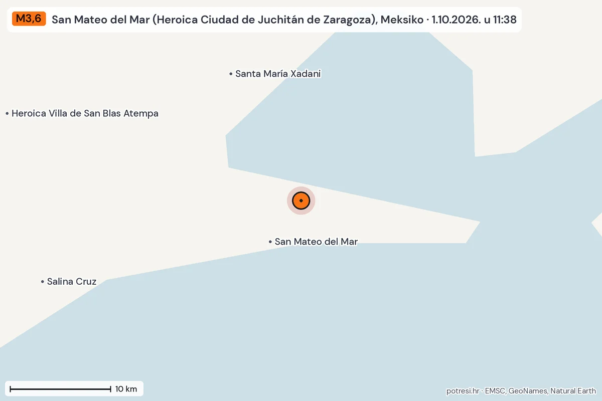 Karta: okolica epicentra, 60 km, potres M3,6, San Mateo del Mar (Heroica Ciudad de Juchitán de Zaragoza), Meksiko, 1.10.2026.