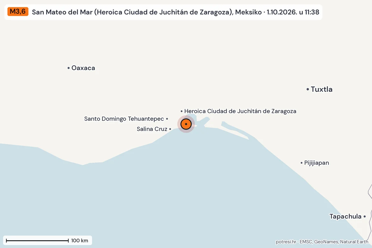 Karta: šire područje, 600 km, potres M3,6, San Mateo del Mar (Heroica Ciudad de Juchitán de Zaragoza), Meksiko, 1.10.2026.