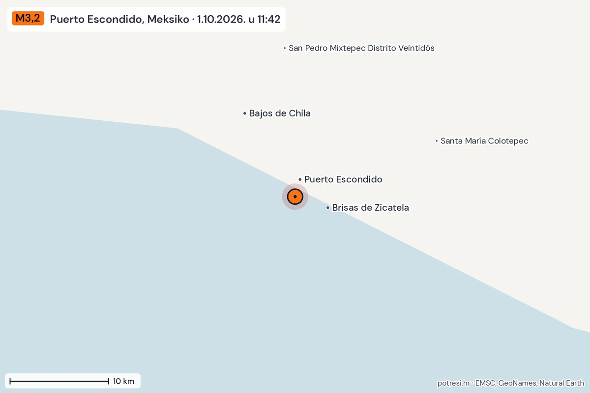 Karta: okolica epicentra, 60 km, potres M3,2, Puerto Escondido, Meksiko, 1.10.2026.