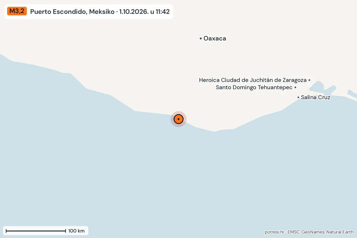 Karta: šire područje, 600 km, potres M3,2, Puerto Escondido, Meksiko, 1.10.2026.