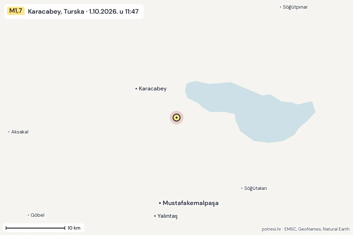 Karta: okolica epicentra, 60 km, potres M1,7, Karacabey, Turska, 1.10.2026.