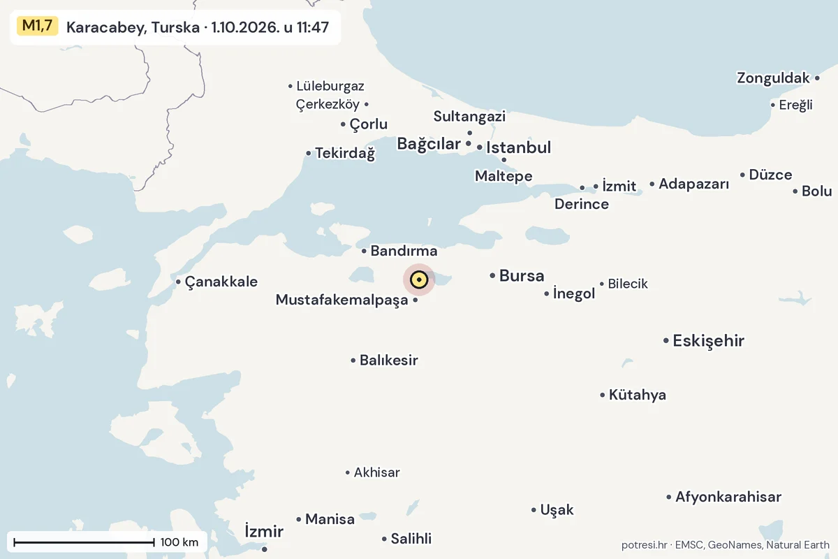 Karta: šire područje, 600 km, potres M1,7, Karacabey, Turska, 1.10.2026.