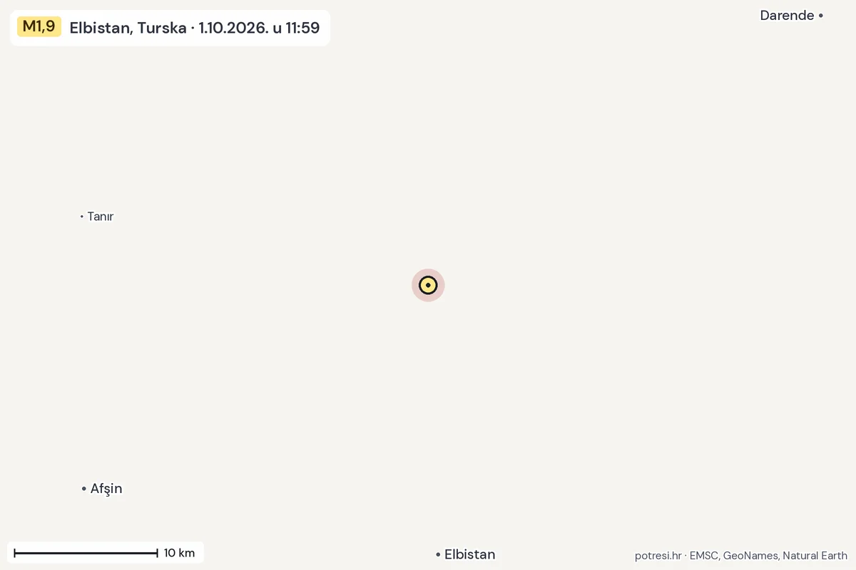 Karta: okolica epicentra, 60 km, potres M1,9, Elbistan, Turska, 1.10.2026.