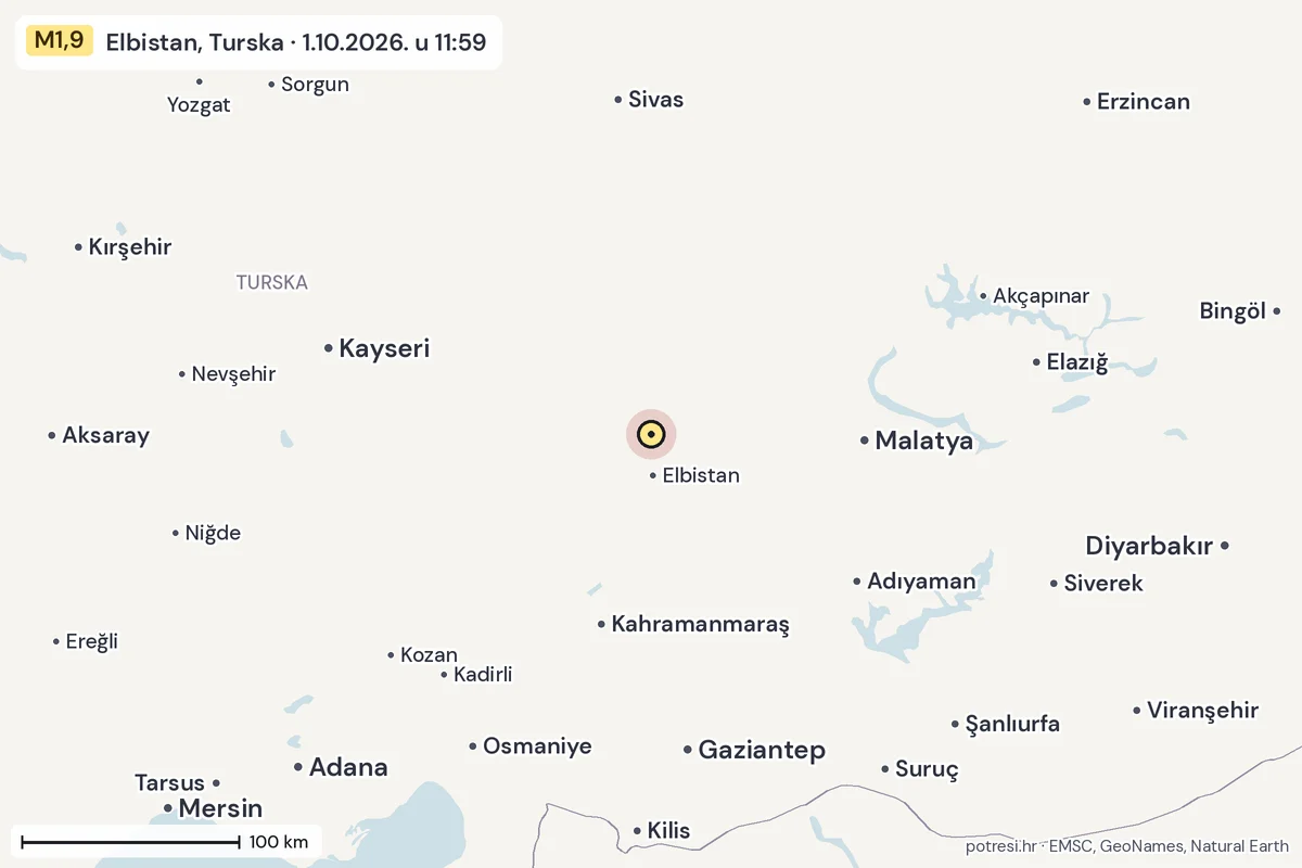 Karta: šire područje, 600 km, potres M1,9, Elbistan, Turska, 1.10.2026.