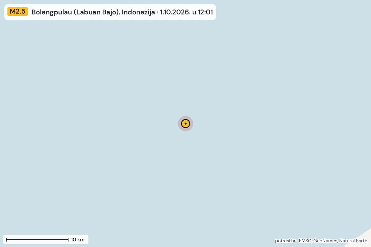 Karta: okolica epicentra, 60 km, potres M2,5, Bolengpulau (Labuan Bajo), Indonezija, 1.10.2026.