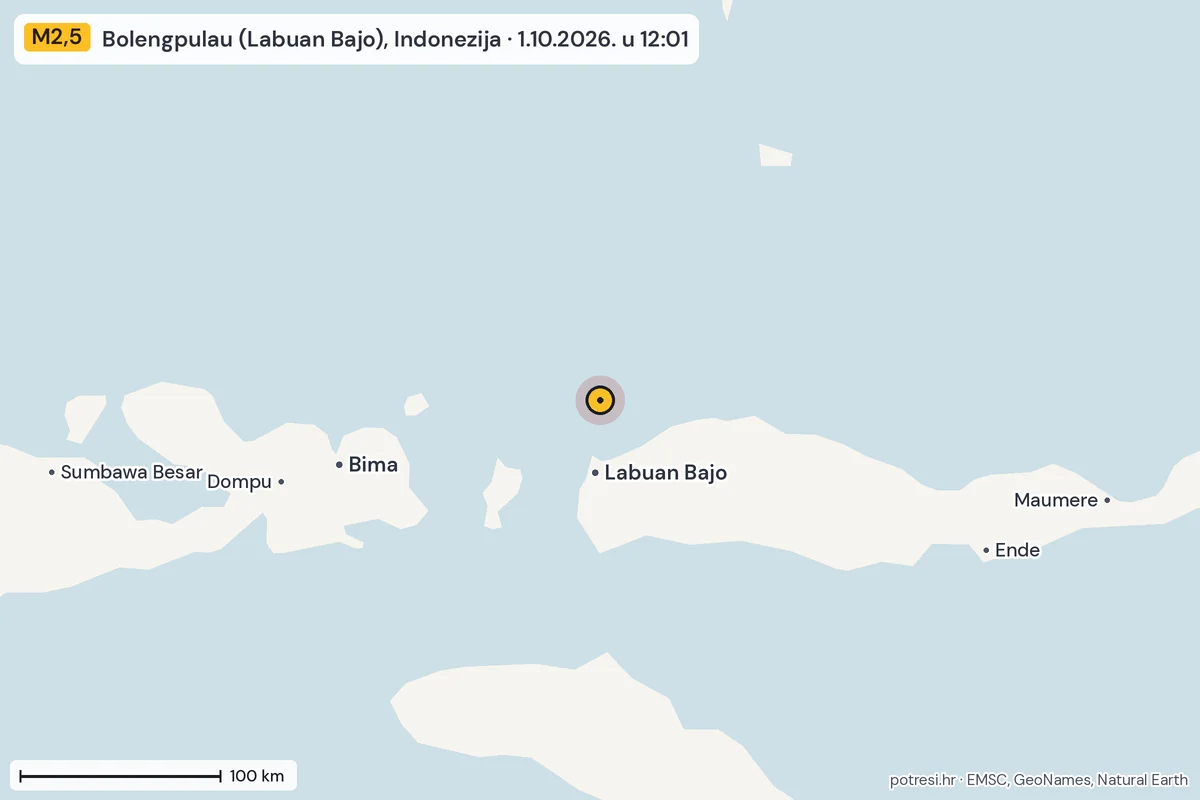 Karta: šire područje, 600 km, potres M2,5, Bolengpulau (Labuan Bajo), Indonezija, 1.10.2026.