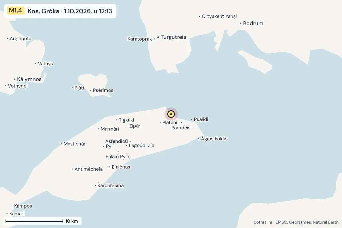 Karta: okolica epicentra, 60 km, potres M1,4, Kos, Grčka, 1.10.2026.