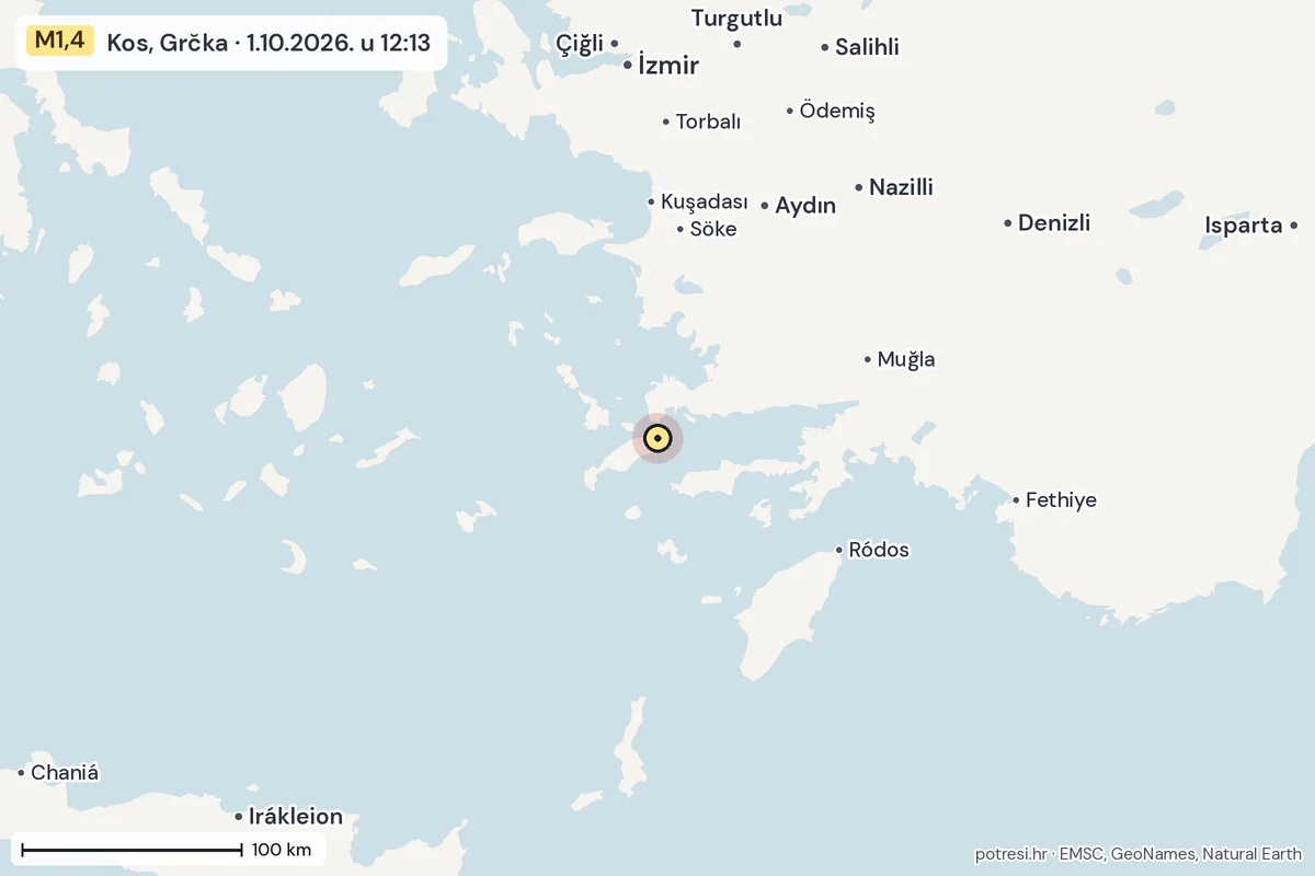 Karta: šire područje, 600 km, potres M1,4, Kos, Grčka, 1.10.2026.