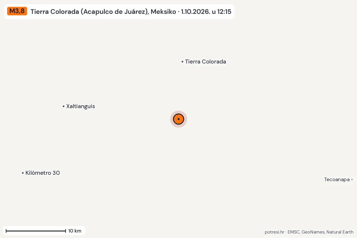 Karta: okolica epicentra, 60 km, potres M3,8, Tierra Colorada (Acapulco de Juárez), Meksiko, 1.10.2026.