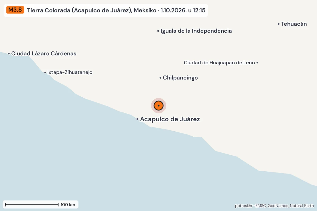 Karta: šire područje, 600 km, potres M3,8, Tierra Colorada (Acapulco de Juárez), Meksiko, 1.10.2026.