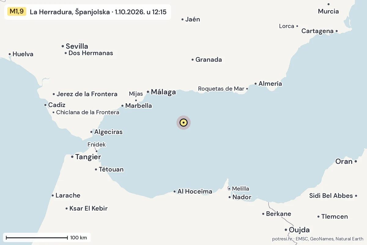 Karta: šire područje, 600 km, potres M1,9, La Herradura, Španjolska, 1.10.2026.