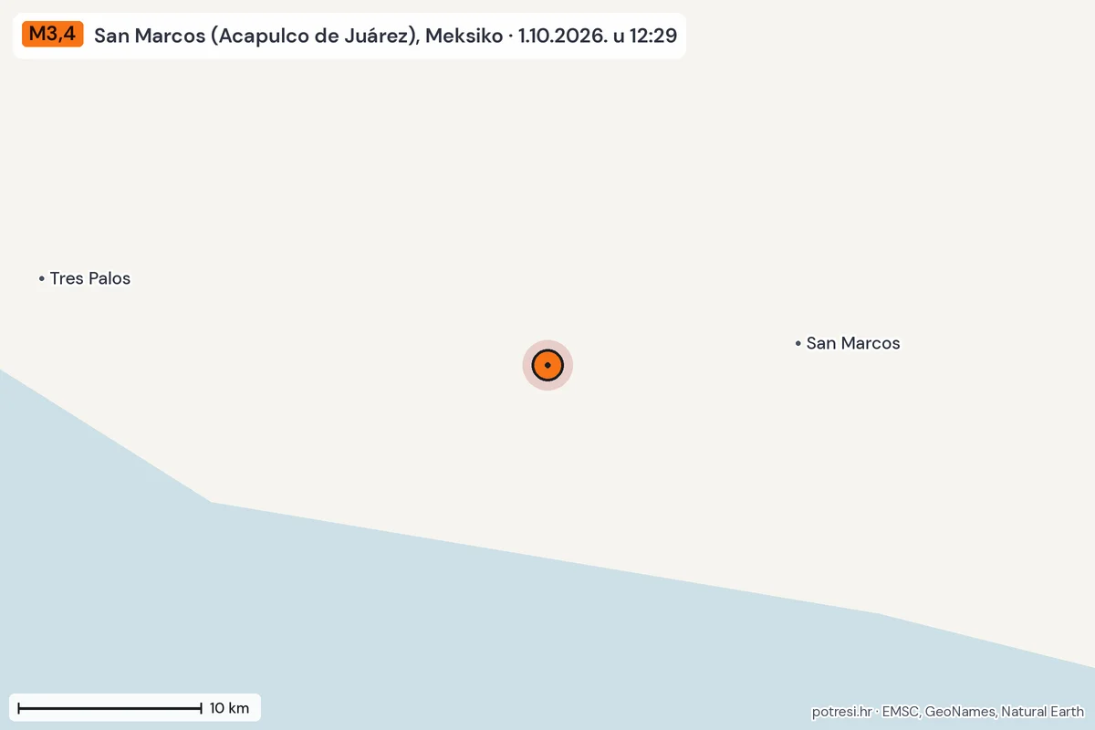 Karta: okolica epicentra, 60 km, potres M3,4, San Marcos (Acapulco de Juárez), Meksiko, 1.10.2026.
