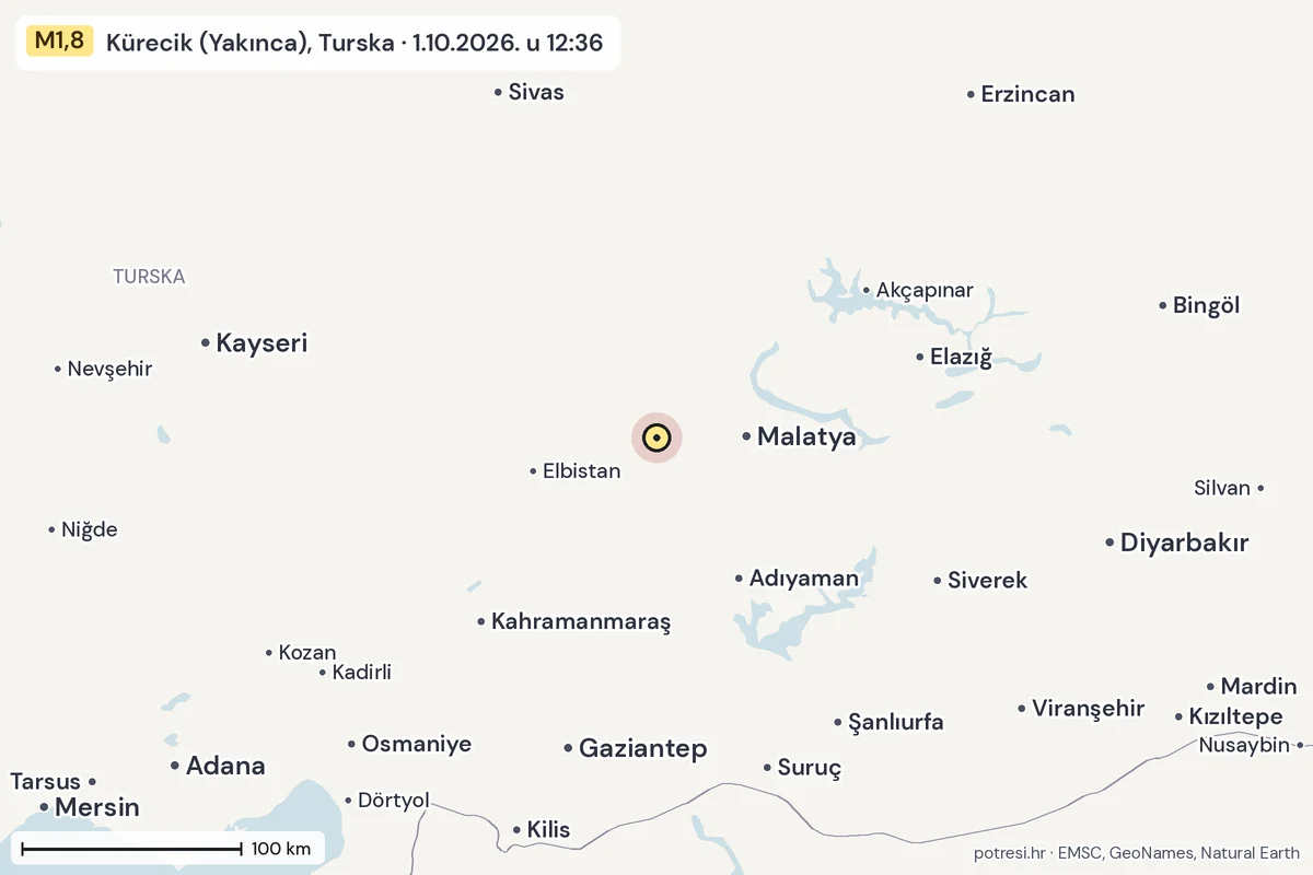 Karta: šire područje, 600 km, potres M1,8, Kürecik (Yakınca), Turska, 1.10.2026.