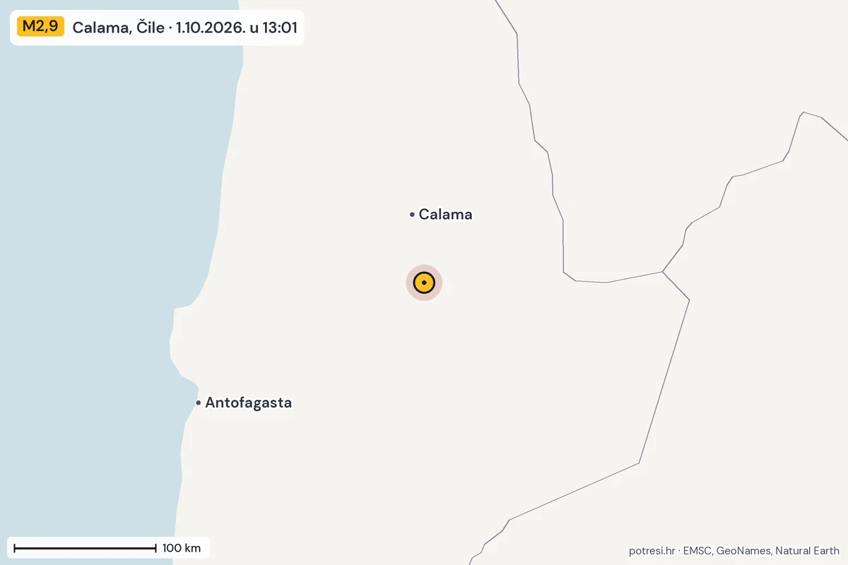 Karta: šire područje, 600 km, potres M2,9, Calama, Čile, 1.10.2026.