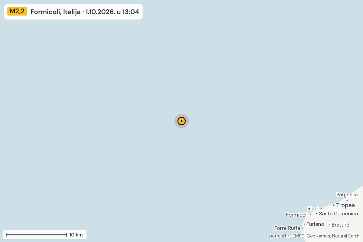 Karta: okolica epicentra, 60 km, potres M2,2, Formicoli, Italija, 1.10.2026.